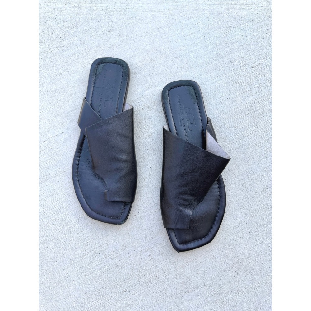 AGL Attilio Giusti Leombruni Black Leather Toe Loop Slide Sandals Size 39 Italy